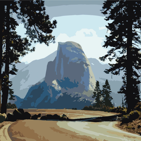 Painting of Yosemite’s Half Dome framed by tall pine trees