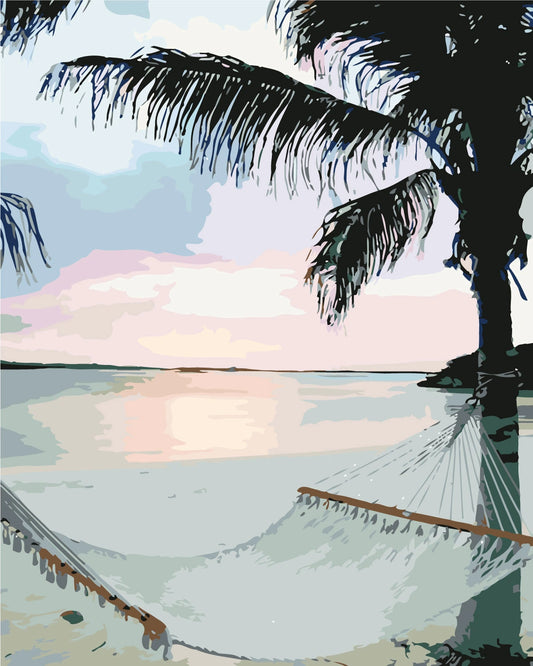 Beach sunset with hammock and palm tree painting