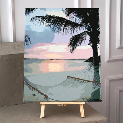 Beach sunset with hammock and palm tree painting