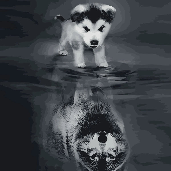 Puppy sees wolf reflection in water symbolic painting