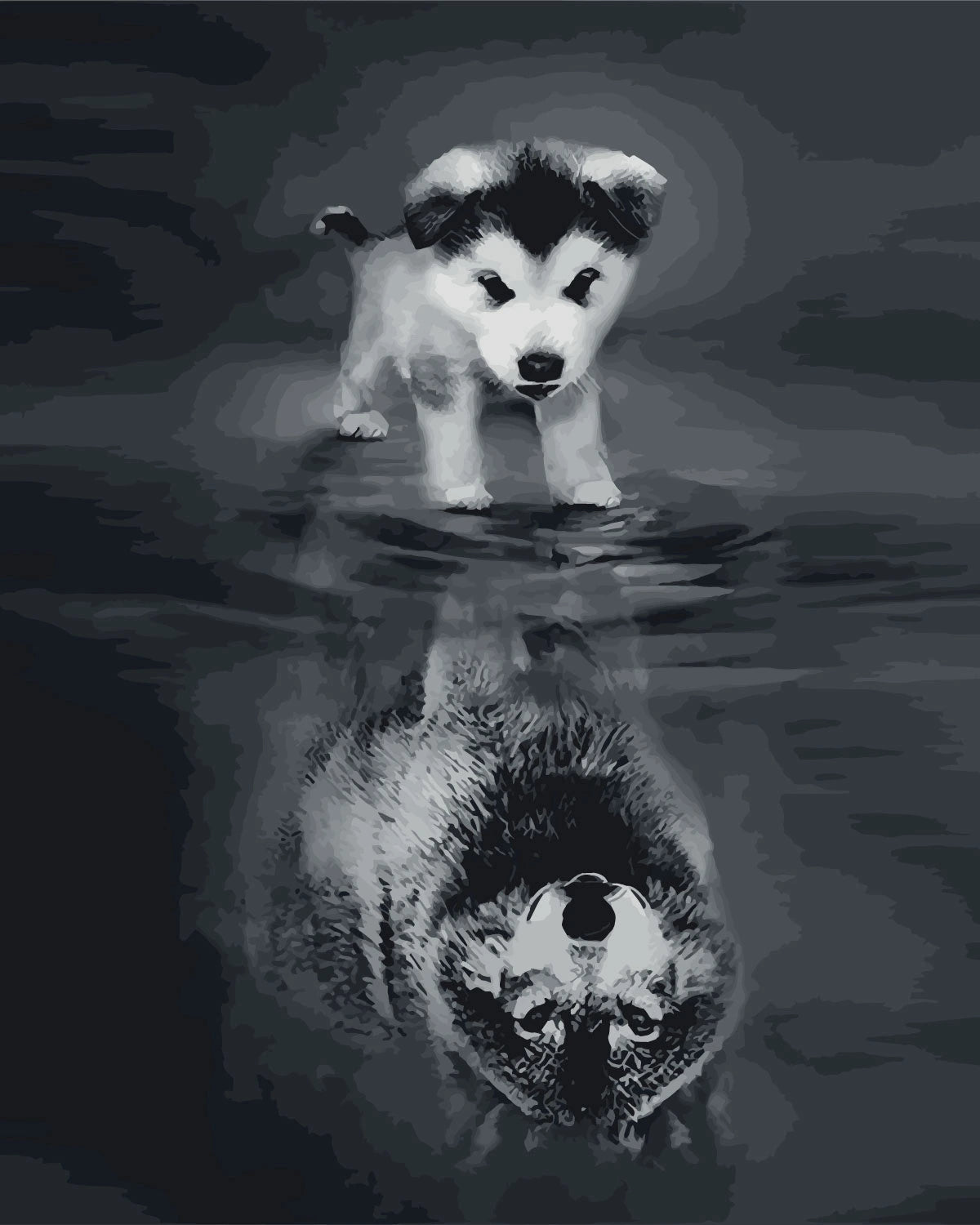 Puppy sees wolf reflection in water symbolic painting