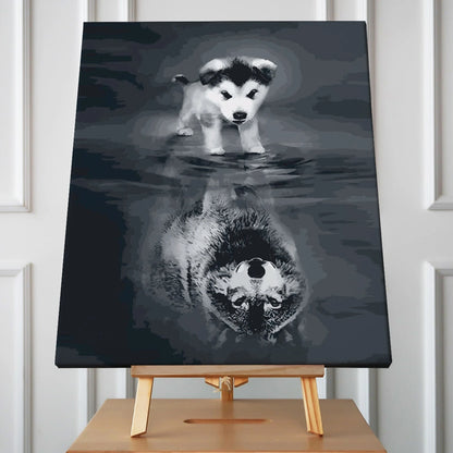 Puppy sees wolf reflection in water symbolic painting