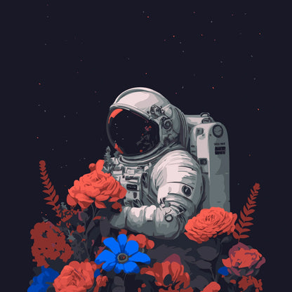 Astronaut surrounded by vibrant flowers in space, surreal painting