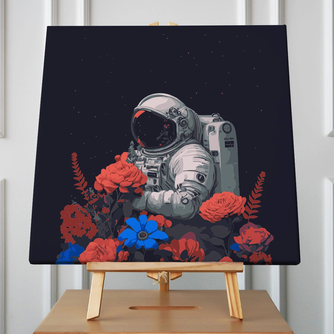 Astronaut surrounded by vibrant flowers in space, surreal painting