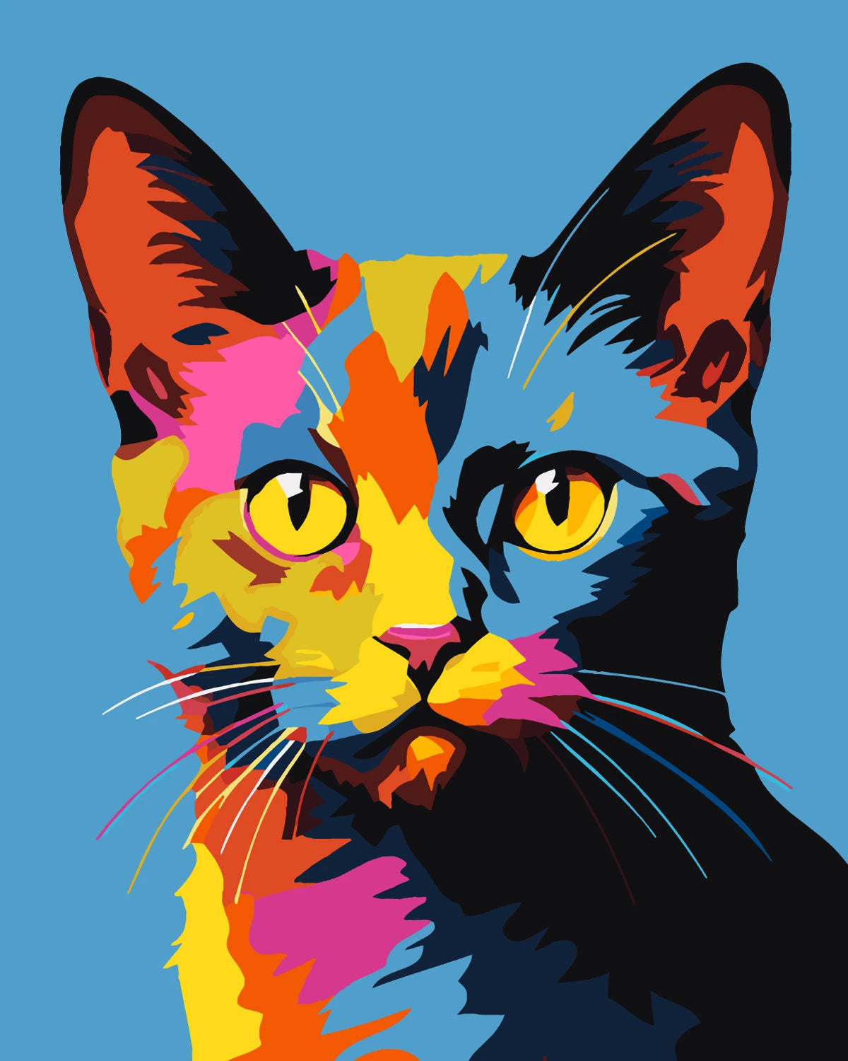 Colorful pop art painting of a cat with vibrant hues