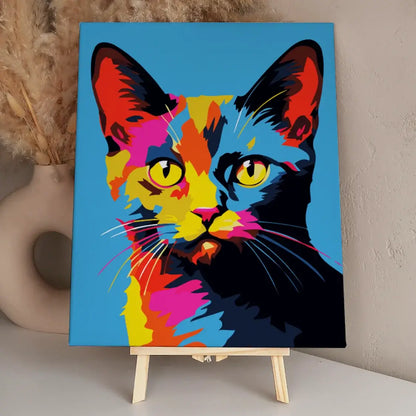 Colorful pop art painting of a cat with vibrant hues