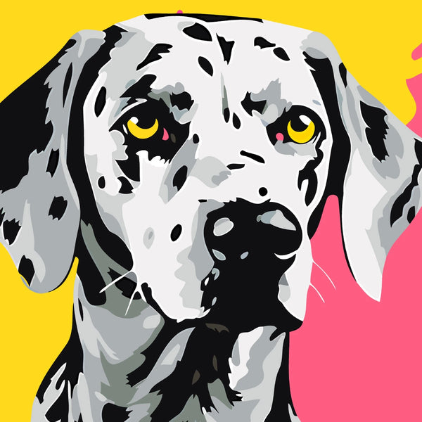 Pop art painting of a Dalmatian dog with colorful background