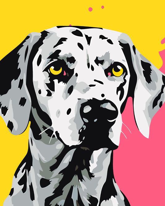 Pop art painting of a Dalmatian dog with colorful background