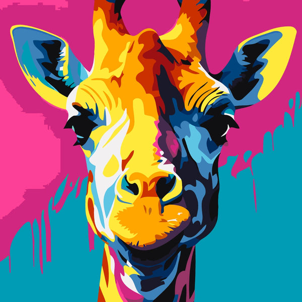 Colorful pop art painting of a giraffe with vibrant background