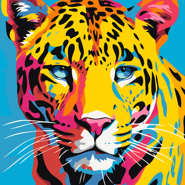Colorful pop art painting of a jaguar with vibrant blue eyes