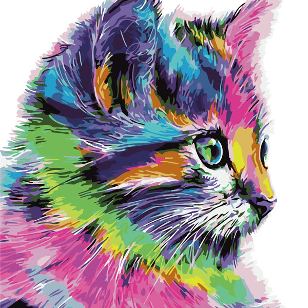 Colorful abstract painting of a kitten with vibrant fur patterns