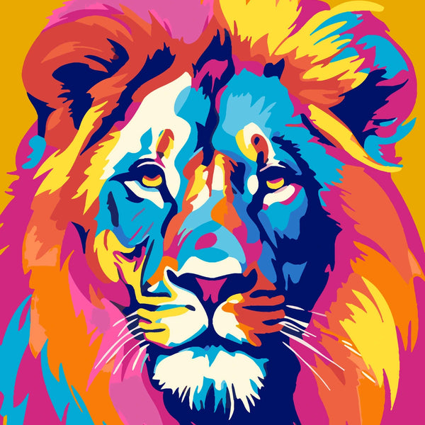 Colorful pop art painting of a lion with a vibrant mane