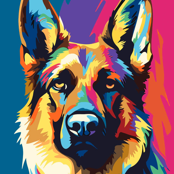 Colorful pop art painting of a German Shepherd with vibrant background