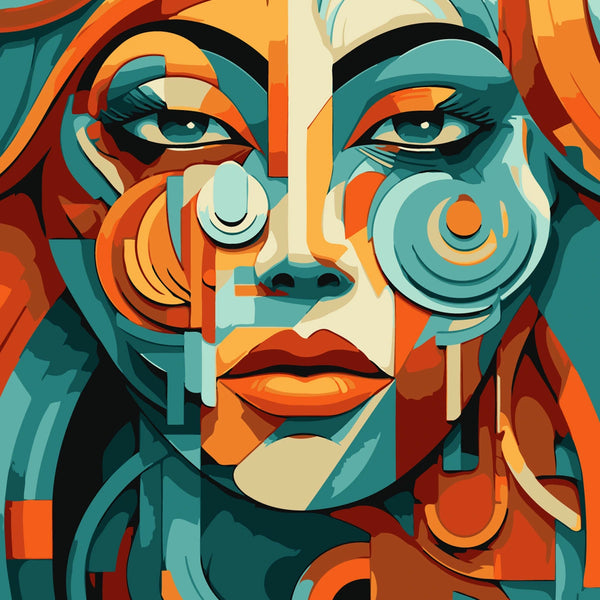 Abstract geometric portrait of a woman with vibrant colors and shapes