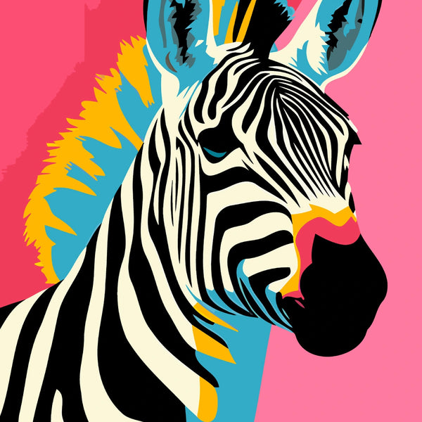 Colorful pop art painting of a zebra with a vibrant background