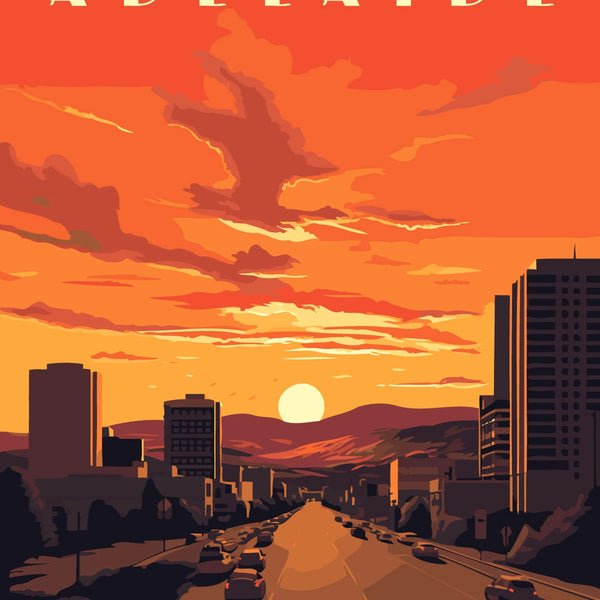 painting of Adelaide cityscape with a vibrant sunset sky
