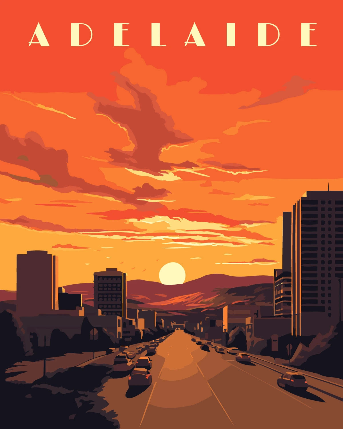 painting of Adelaide cityscape with a vibrant sunset sky