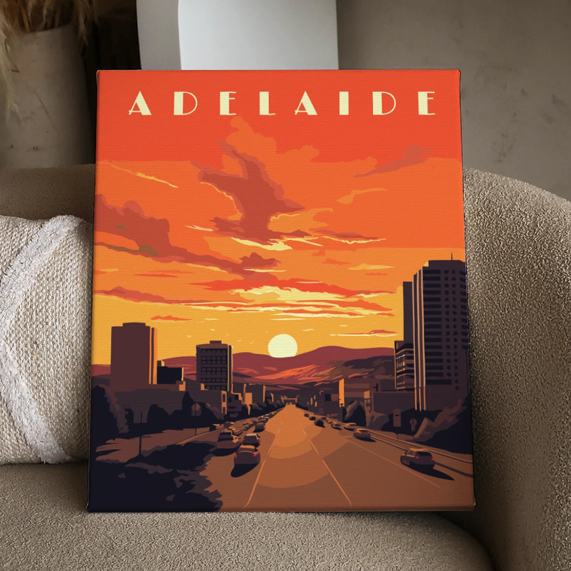 painting of Adelaide cityscape with a vibrant sunset sky