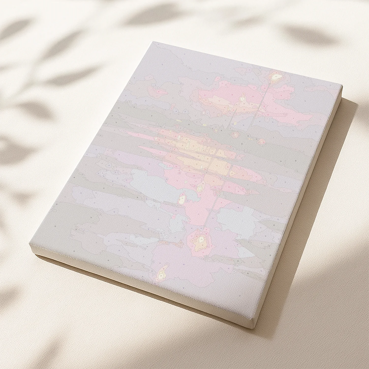 Unpainted paint by numbers canvas with numbered sections forming a reflective water and evening sky composition
