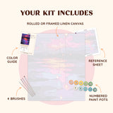 Paint by numbers kit layout with numbered canvas, paint pots, brushes, and reference sheet for the After Rain design