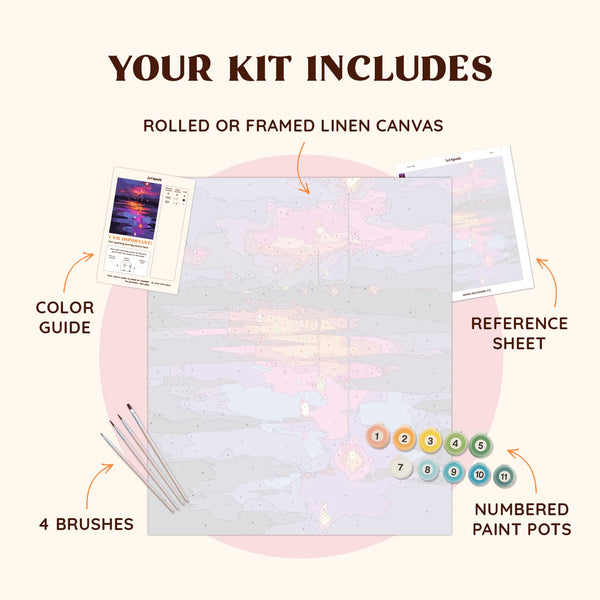 Paint by numbers kit layout with numbered canvas, paint pots, brushes, and reference sheet for the After Rain design