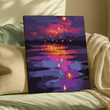 Finished paint by numbers artwork showing a reflective water surface after rain with glowing streetlights and purple evening sky