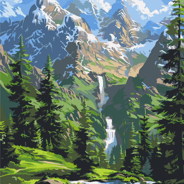 Landscape painting of a mountain scene with waterfalls and greenery