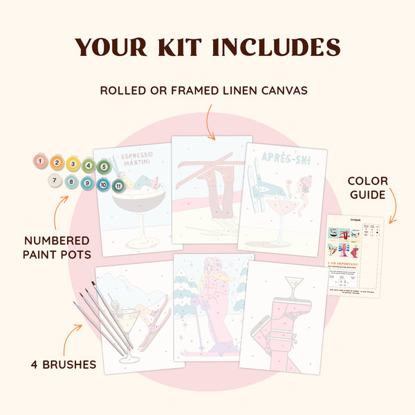 Artspark Après Fun paint by numbers kit including brushes, numbered paints, and color guide — retro après-ski and cocktail-themed artwork for winter decor lovers.
