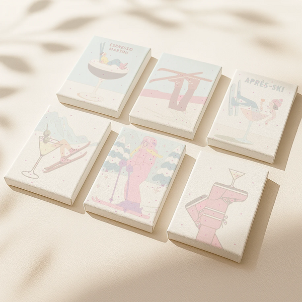 Après Fun paint by numbers set of 6 mini canvases by Artspark featuring skiing, après-ski drinks, espresso martini, and vintage winter holiday scenes ready to paint.