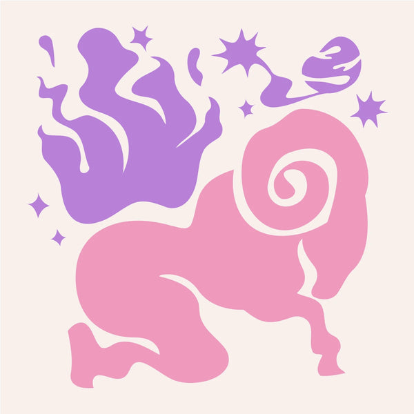 Abstract Aries zodiac painting featuring a stylized ram and flames
