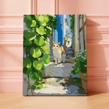 Alleyway Explorer paint by numbers kit featuring a cat walking through a sunlit Mediterranean alley