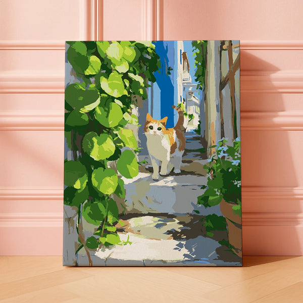 Alleyway Explorer paint by numbers kit featuring a cat walking through a sunlit Mediterranean alley