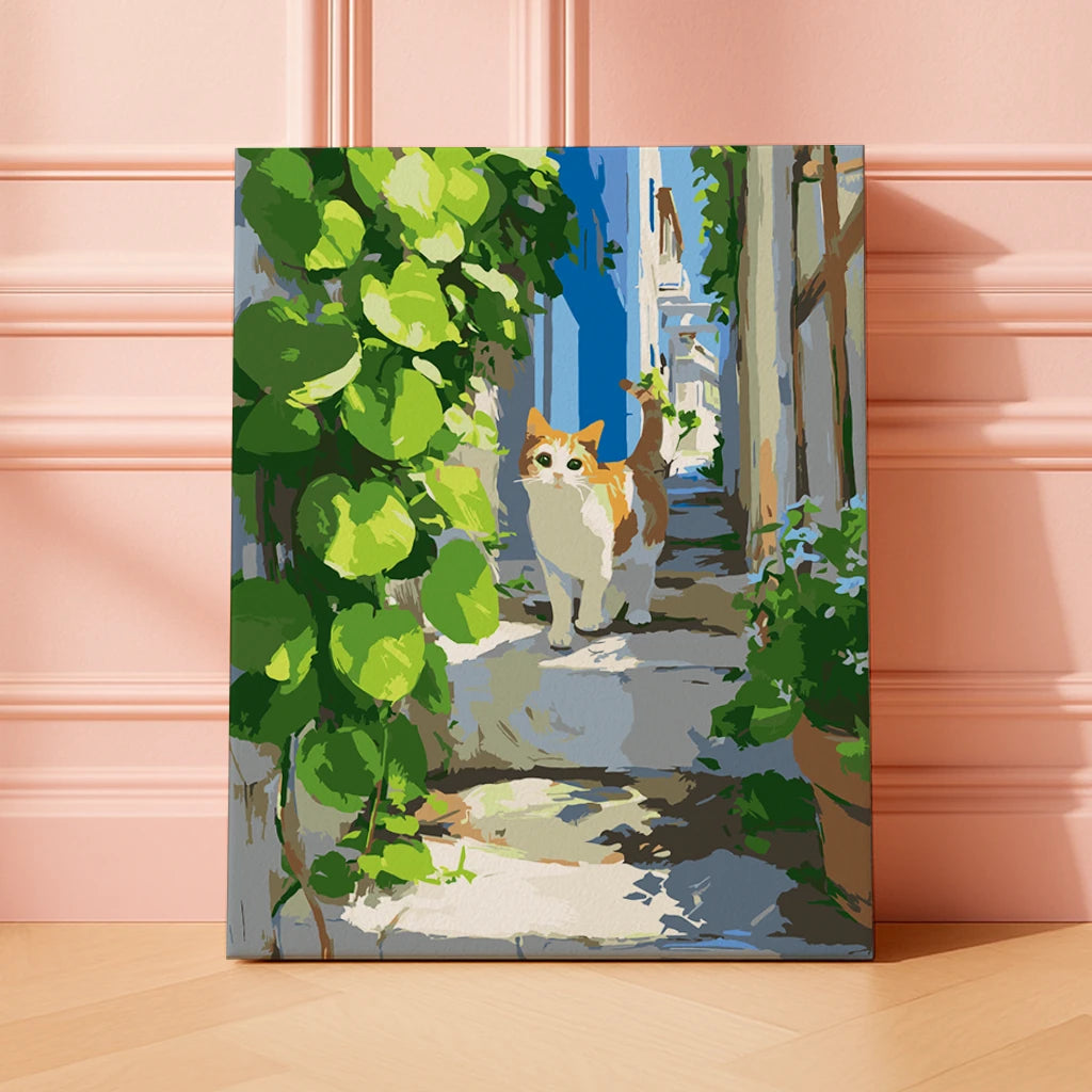 Alleyway Explorer paint by numbers kit featuring a cat walking through a sunlit Mediterranean alley