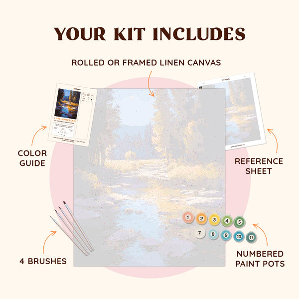 Autumn River Glow kit with linen canvas, brushes, paint pots and color guide