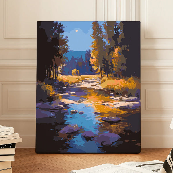 Autumn River Glow paint by numbers kit design with golden forest and reflective stream