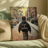 Finished Black Is Beautiful paint by numbers artwork showing a person walking through a city street wearing a statement jacket