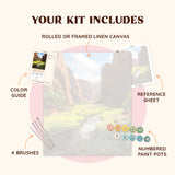 Canyon of Quiet Light kit with linen canvas, brushes, paint pots and reference sheet