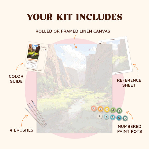 Canyon of Quiet Light kit with linen canvas, brushes, paint pots and reference sheet