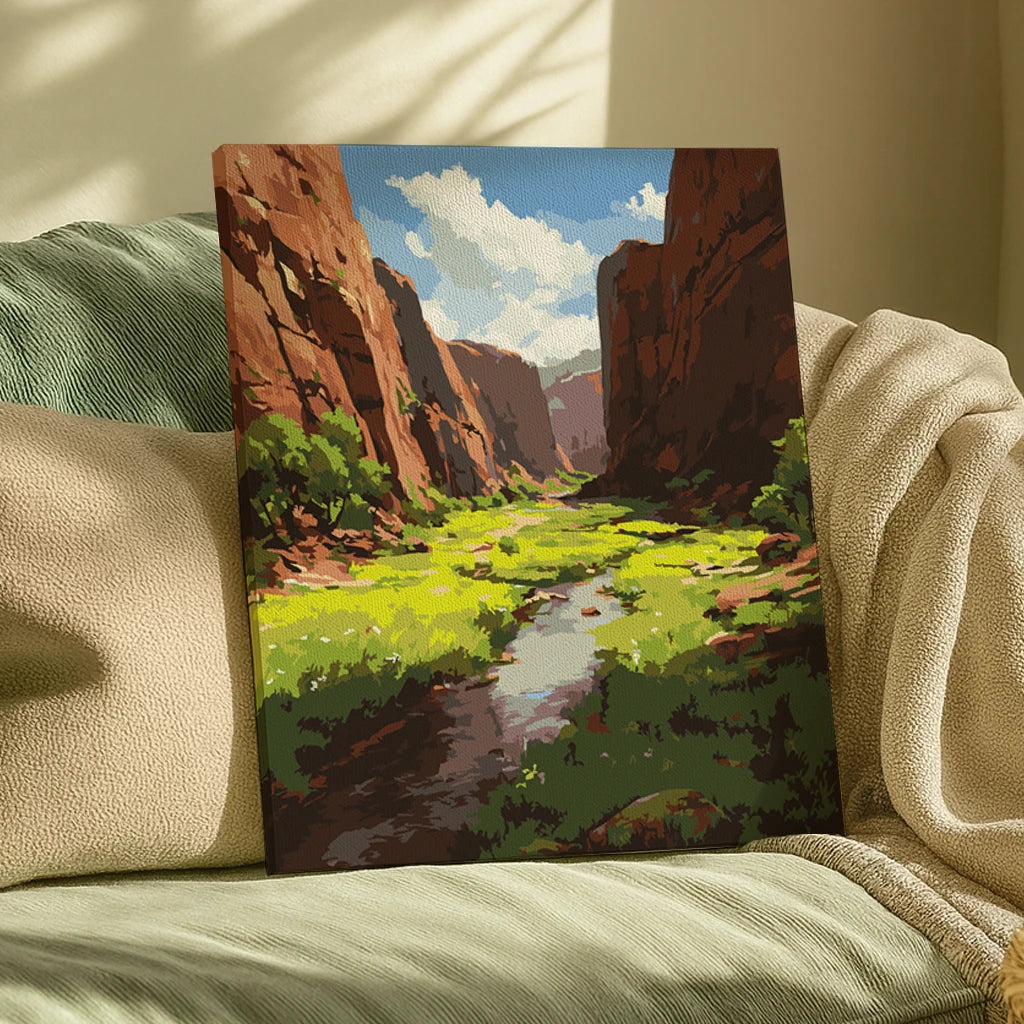Canyon of Quiet Light paint by numbers kit featuring sunlit red cliffs and a green valley stream
