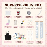 Contents of the ArtSpark Christmas Advent Calendar including brushes, canvases and festive surprise gifts.