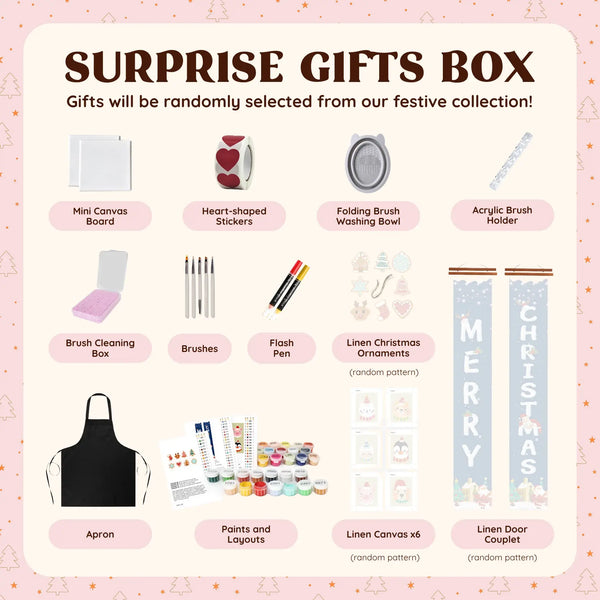 Contents of the ArtSpark Christmas Advent Calendar including brushes, canvases and festive surprise gifts.