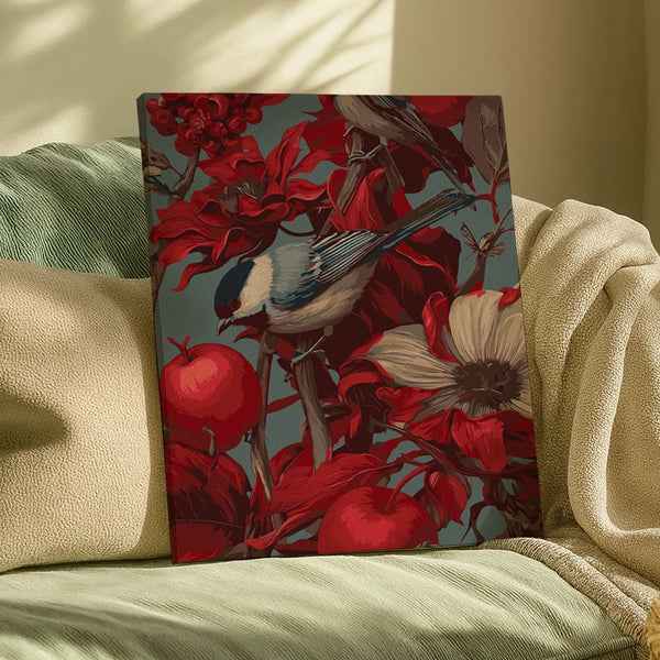 Crimson Orchard Song paint by numbers design with birds, red flowers and apples