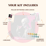Dead Chic paint by numbers kit showing the numbered canvas with brushes, paint pots, color guide, and reference sheet