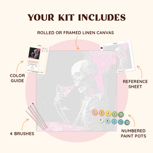 Dead Chic paint by numbers kit showing the numbered canvas with brushes, paint pots, color guide, and reference sheet