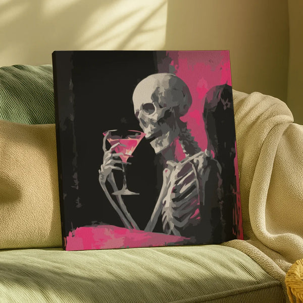 Finished Dead Chic paint by numbers artwork showing a stylish skeleton holding a pink cocktail against a dark modern background