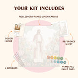 Flatlay of the Floral Peace paint by numbers kit with canvas, paints, brushes, and reference materials