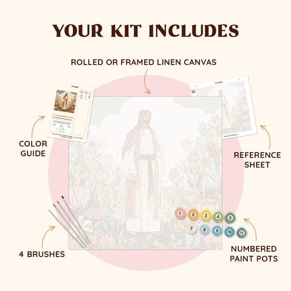 Flatlay of the Floral Peace paint by numbers kit with canvas, paints, brushes, and reference materials