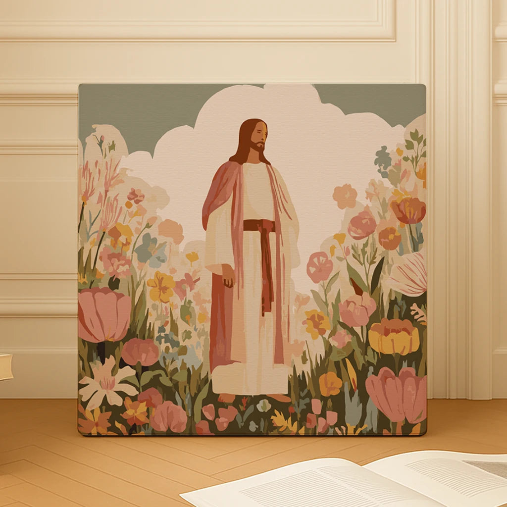 Finished Floral Peace paint by numbers artwork featuring Jesus standing in a field of flowers