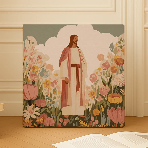 Finished Floral Peace paint by numbers artwork featuring Jesus standing in a field of flowers