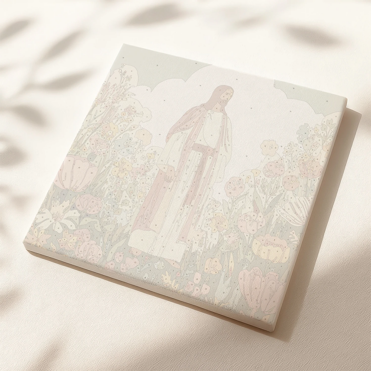 Numbered canvas preview for the Floral Peace paint by numbers showing Jesus and floral outlines